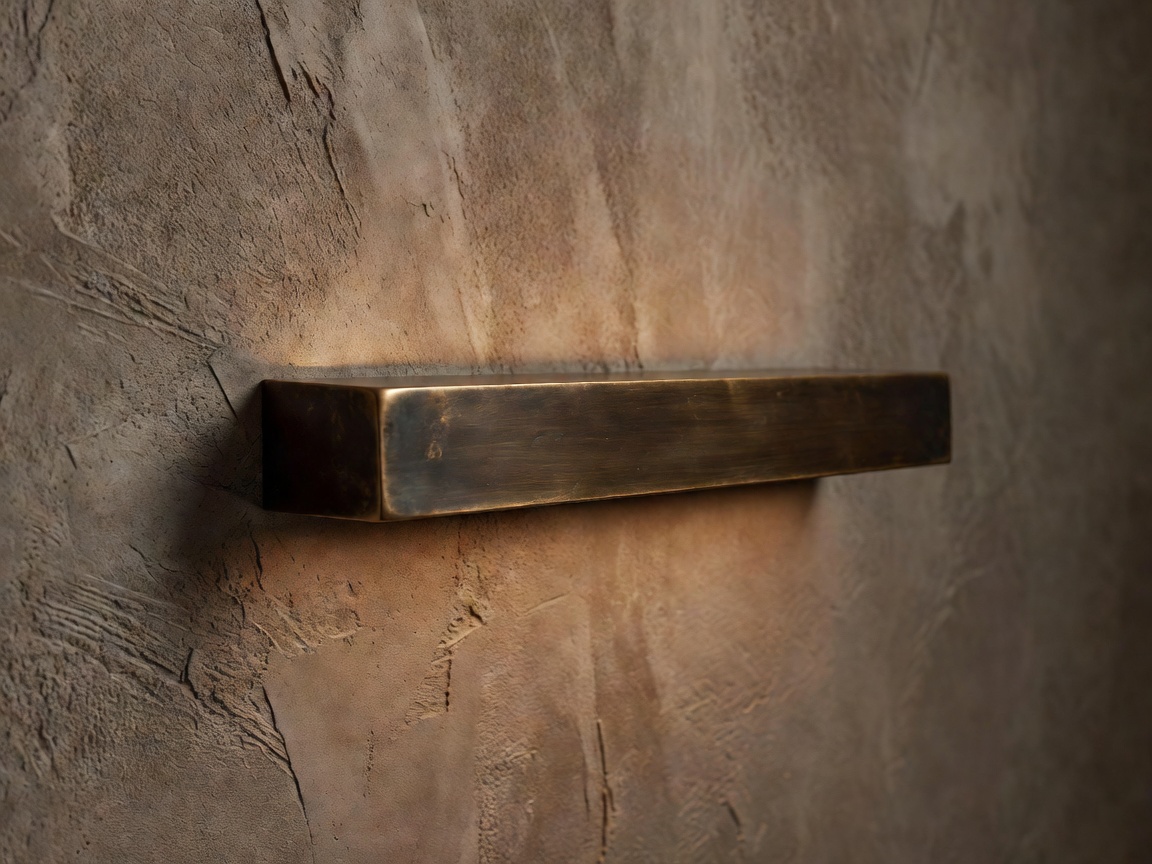 Architectural ambient bronze lighting fixture washing subtle light over textured wall