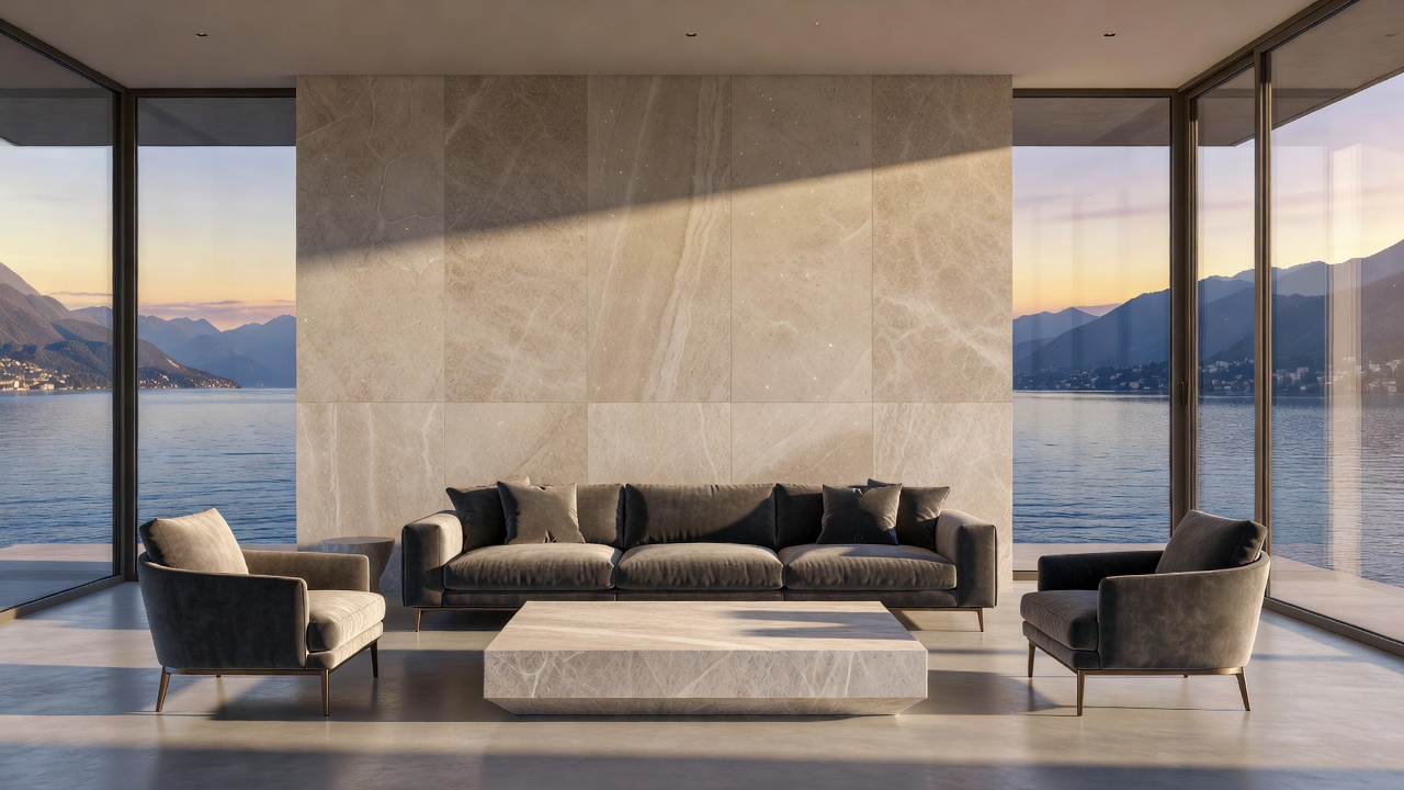 Architectural luxury living space with minimal travertine stone wall and bespoke furniture in Lake Como