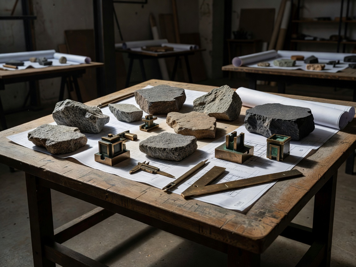 Architectural studio sketching table with raw stone samples and bronze details