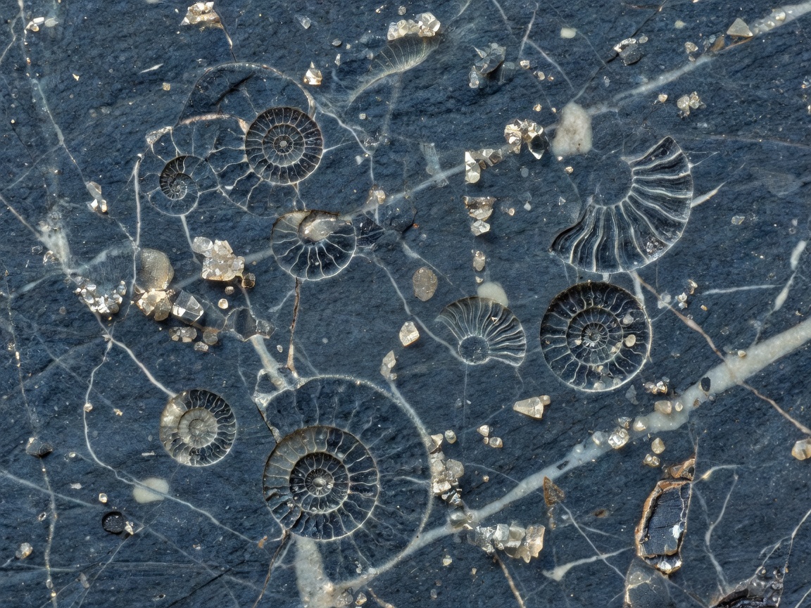 Belgian blue limestone with organic marine fossils and fine crystals