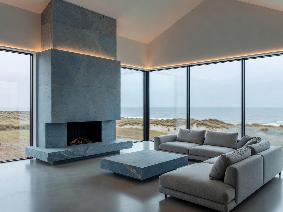 Knokke Le Zoute dune penthouse interior with Belgian bluestone fireplace