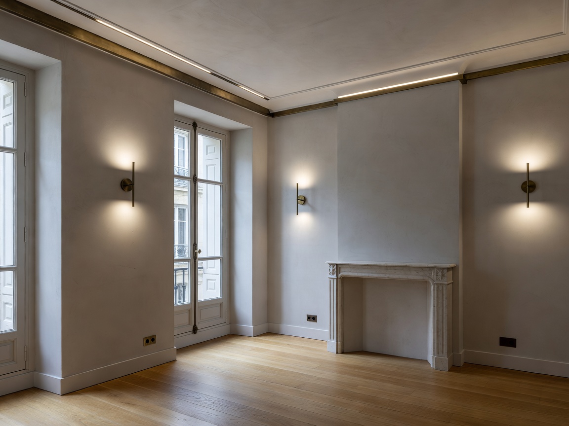 Île Saint-Louis historic apartment restored with micro-cement and bronze architectural lighting