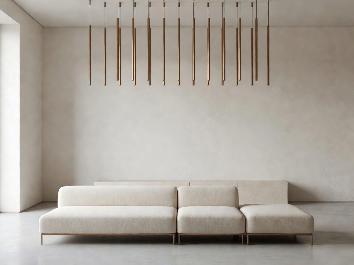 Minimal living room with low-profile ivory seating and bronze architectural lighting