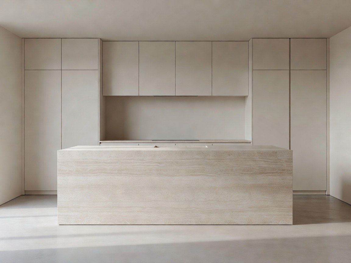Minimalist architectural kitchen with concealed storage and travertine island