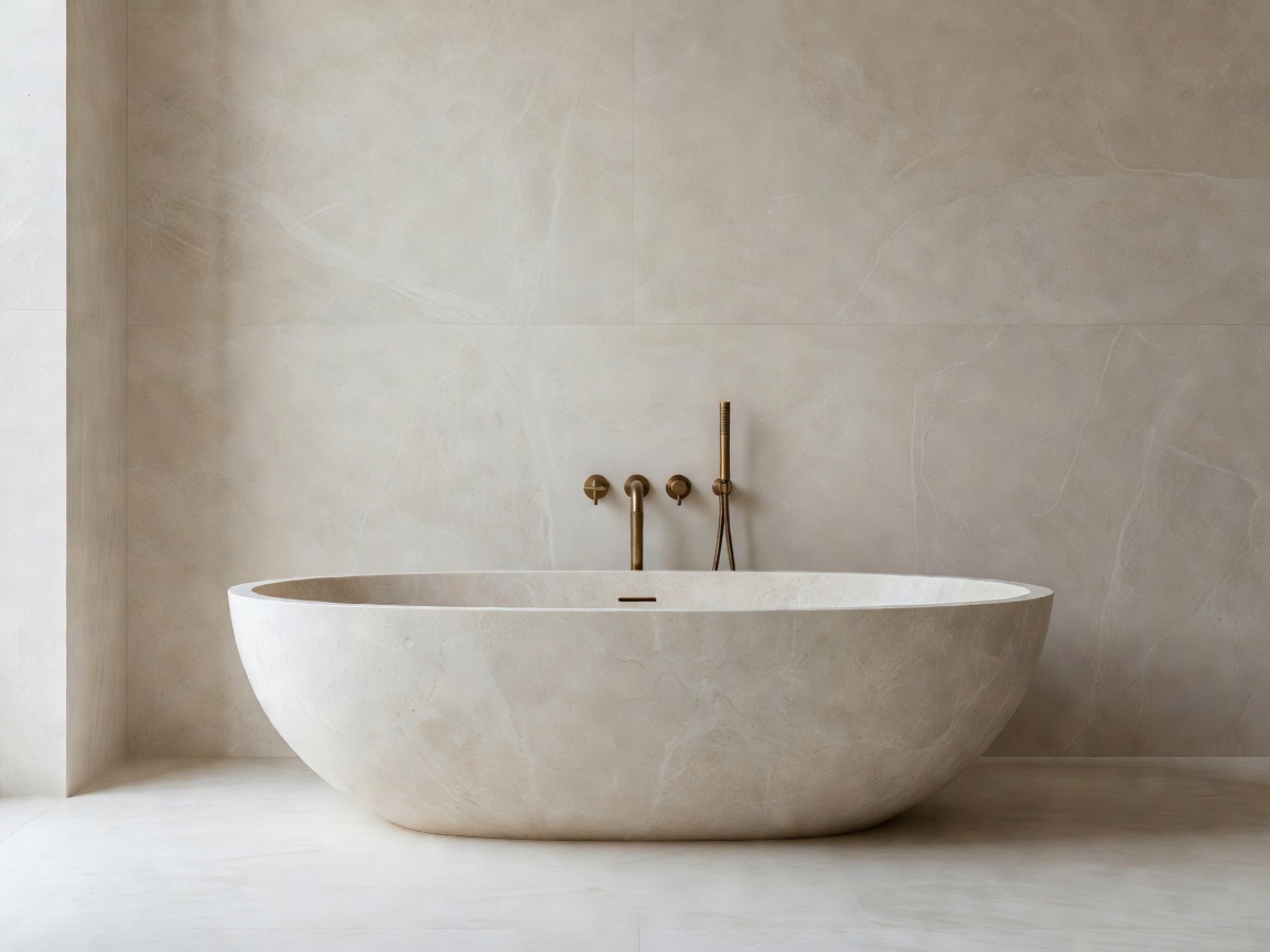 Minimalist luxury bathroom with freestanding limestone tub and bronze fittings