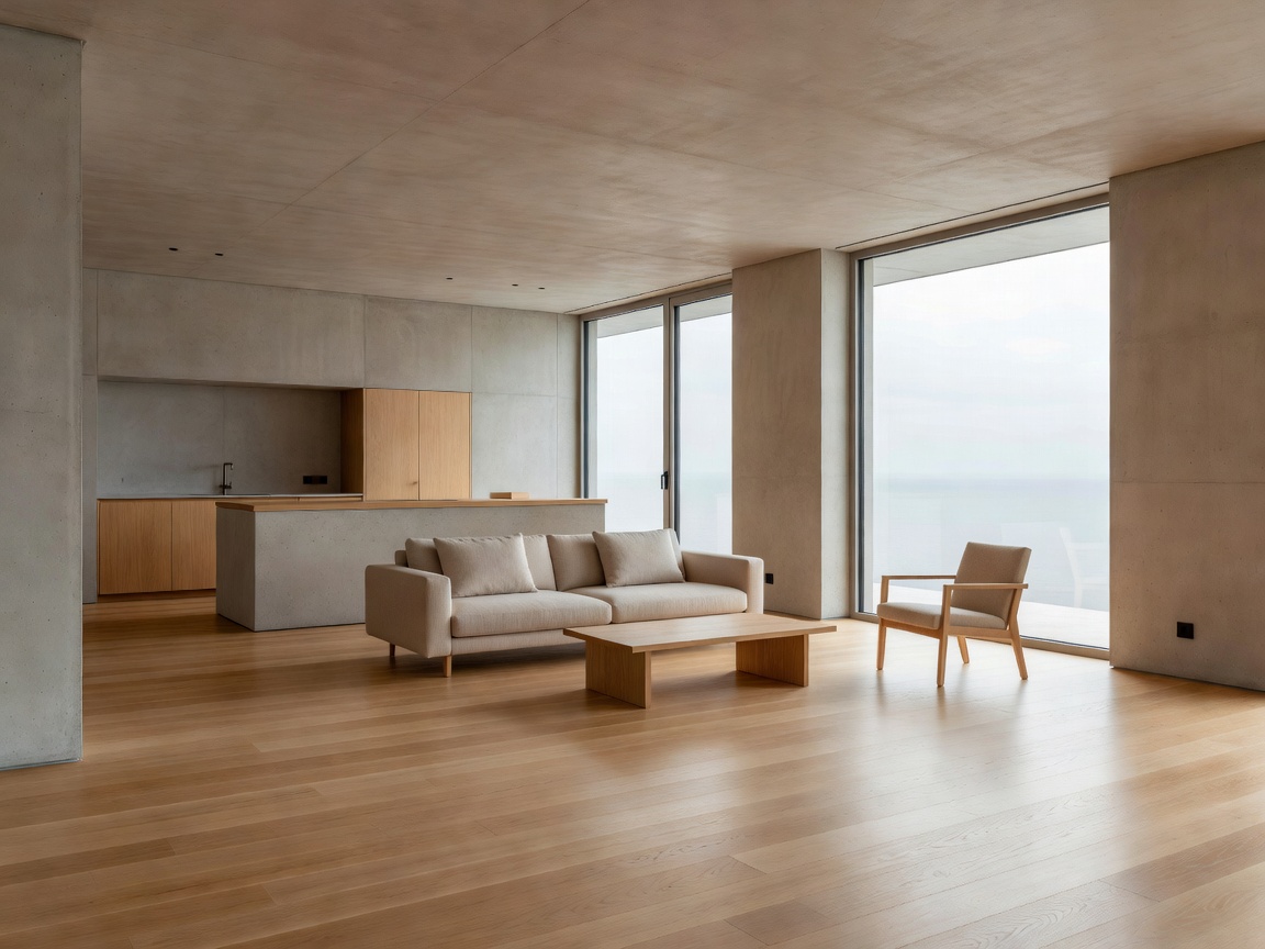 Residence Zoute minimal open-plan concrete and oak interior in Knokke Belgium