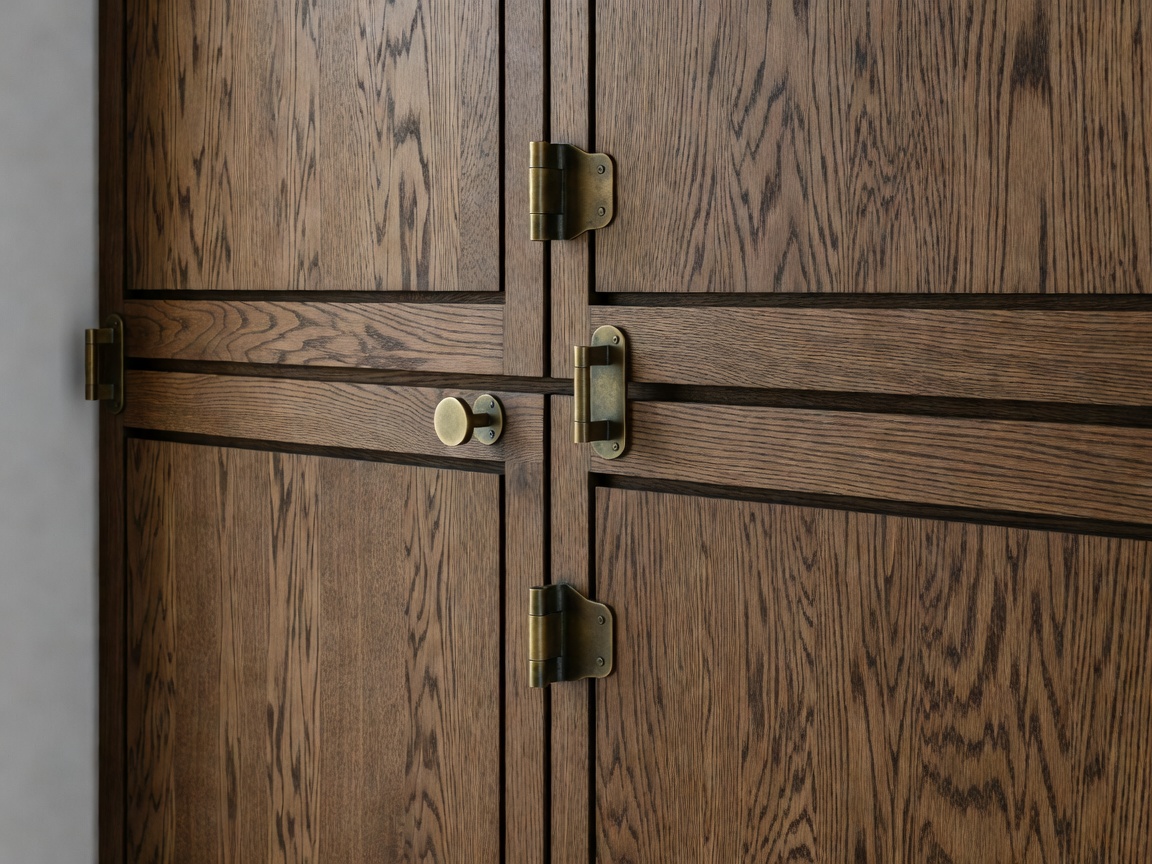 Smoked European oak joinery with shadow gaps and bronze pivots