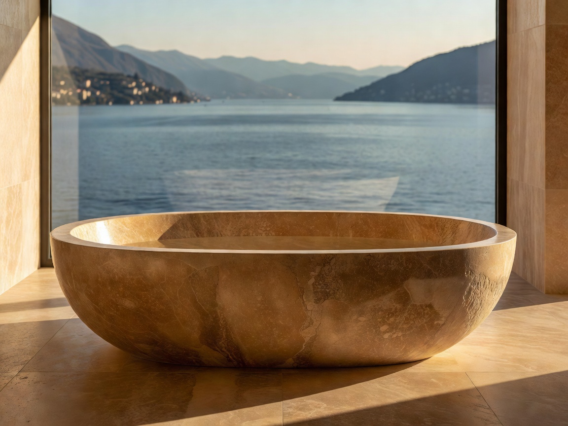 Villa Varenna bathroom with custom carved solid travertine bathtub overlooking the lake