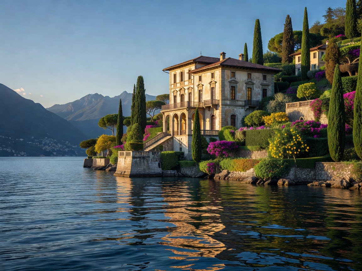 Villa Varenna panoramic architectural view across Lake Como
